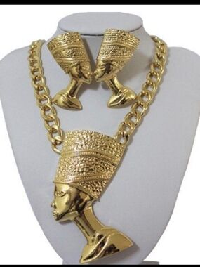 Bold Egyptian Queen 14k Gold Plated Pendant Necklace Set